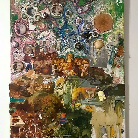 Original collage art with buttons shells & pins